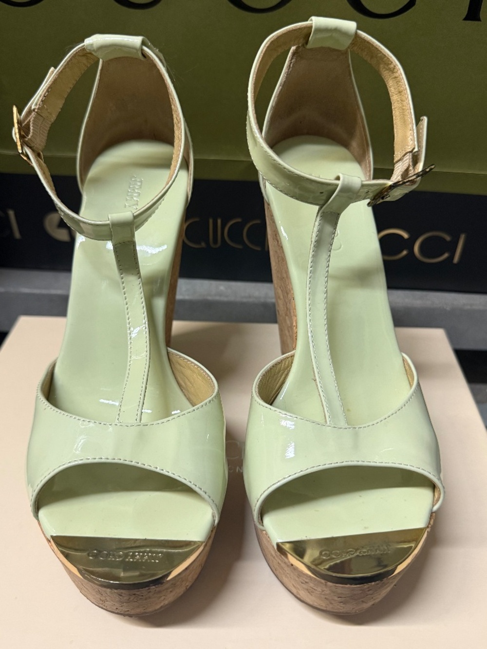 Jimmy Choo Patent Leather T Strap Sandals, size 37.5